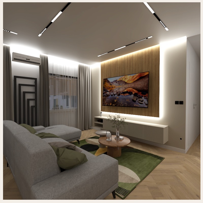 Jasny salon z szarą sofą, drewnianą ścianą TV i okrągłym stolikiem kawowym na wzorzystym dywanie. Minimalistyczne oświetlenie sufitowe i dekoracyjny grzejnik.