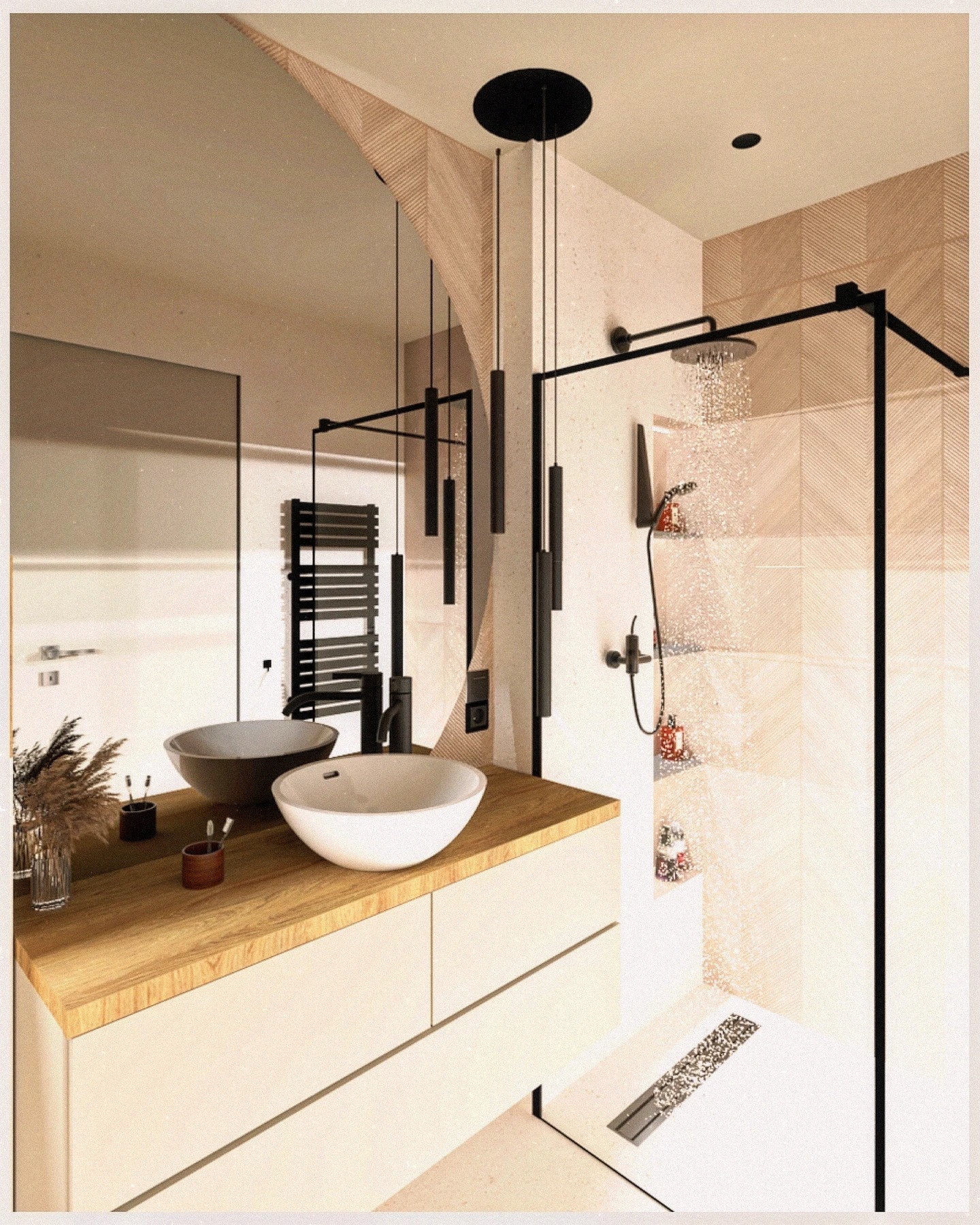 Nowoczesna łazienka z drewnianym blatem, dwiema umywalkami i kabiną prysznicową typu walk-in z deszczownicą. Minimalistyczne oświetlenie i beżowe płytki z subtelnym wzorem.