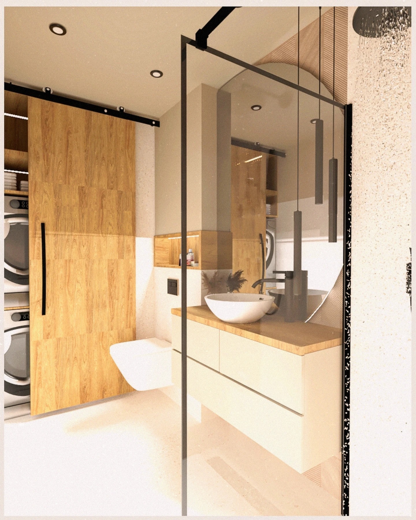 Nowoczesna łazienka z drewnianą przesuwną ścianą ukrywającą pralkę, umywalką nablatową i kabiną prysznicową typu walk-in z czarnymi profilami.