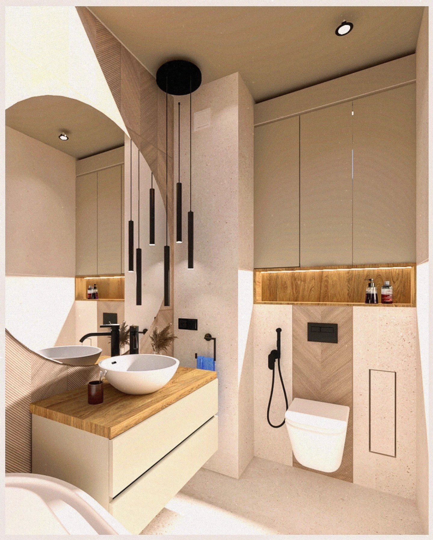 Nowoczesna łazienka z umywalką nablatową, podwieszaną toaletą i oświetleniem punktowym. Beżowe płytki imitujące kamień i drewniane akcenty tworzą spójną całość.