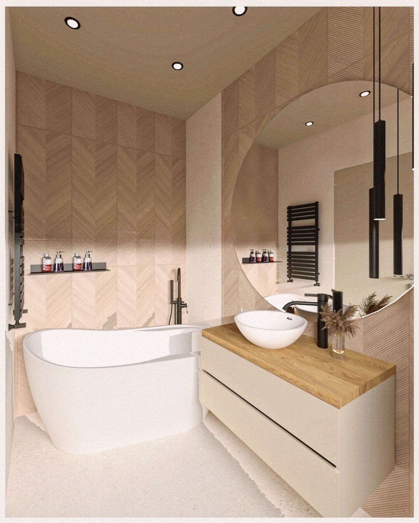 Beżowa łazienka z drewnianymi akcentami: owalna wanna, umywalka na szafce z drewnianym blatem, okrągłe lustro i heksagonalna mozaika na ścianie.