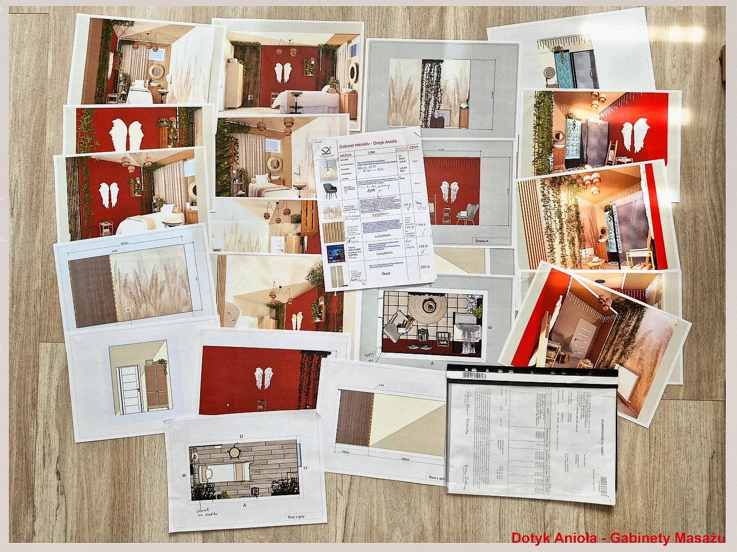 Rzuty i wizualizacje gabinetu masażu z motywem skrzydeł anioła na ścianie. Dokumentacja projektowa rozłożona na drewnianej podłodze.