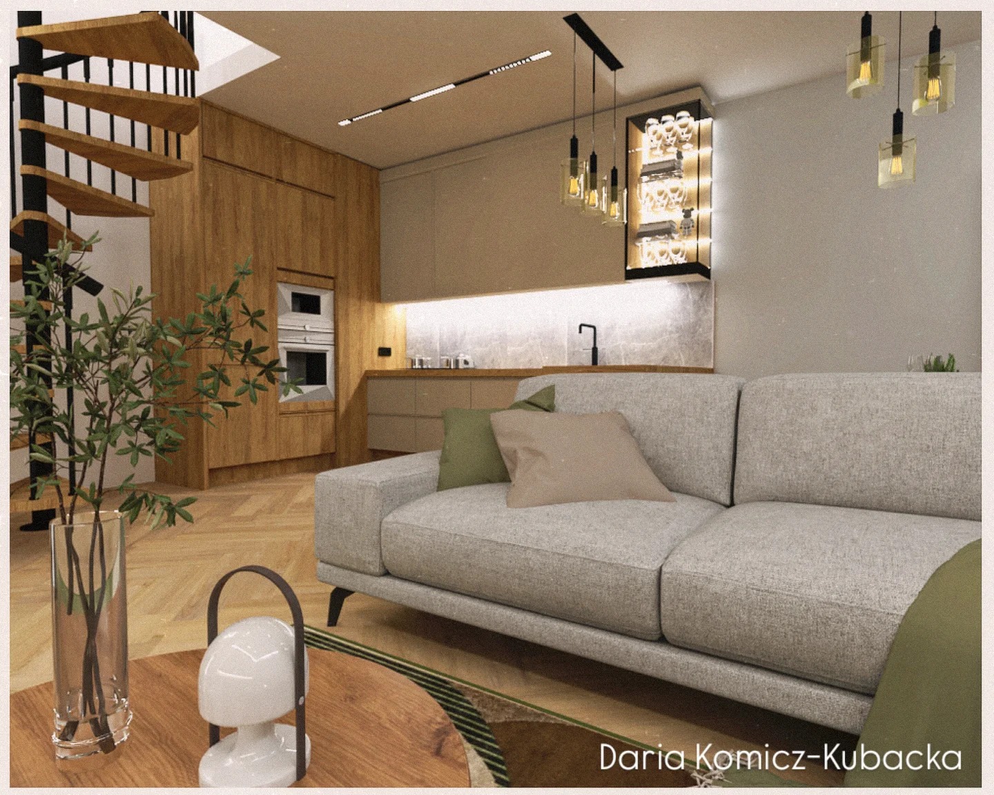 Nowoczesna aranżacja wnętrza: jasna sofa, drewniane szafki kuchenne, schody spiralne. Uwagę przyciąga oświetlona półka z kieliszkami i designerska lampka na stoliku.