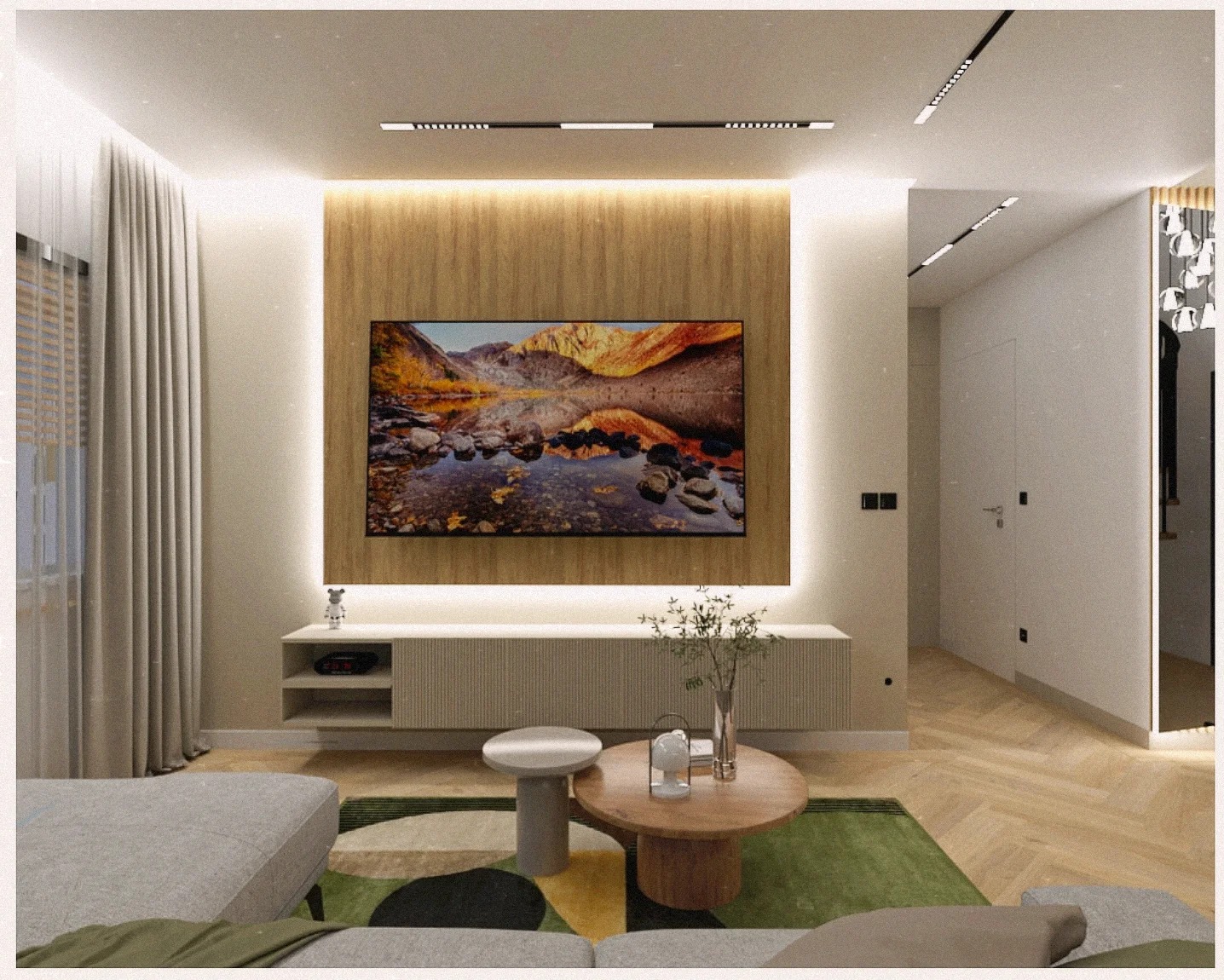 Nowoczesny salon z drewnianą ścianą TV, subtelnym oświetleniem LED i parkietem w jodełkę. Stoliki kawowe i szara sofa na geometrycznym dywanie dodają przytulności.