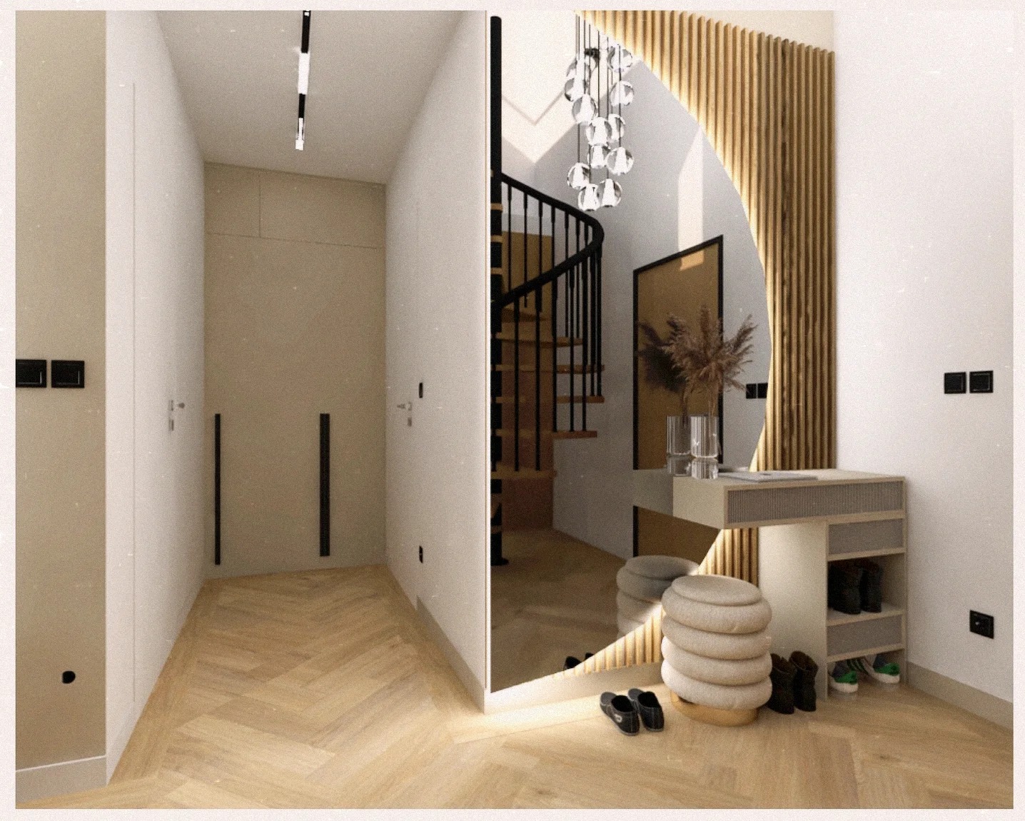 Nowoczesny przedpokój z lustrem w kształcie łuku, drewnianą ścianką i spiralnymi schodami odbijającymi się w lustrze. Jasna podłoga i minimalistyczne oświetlenie.