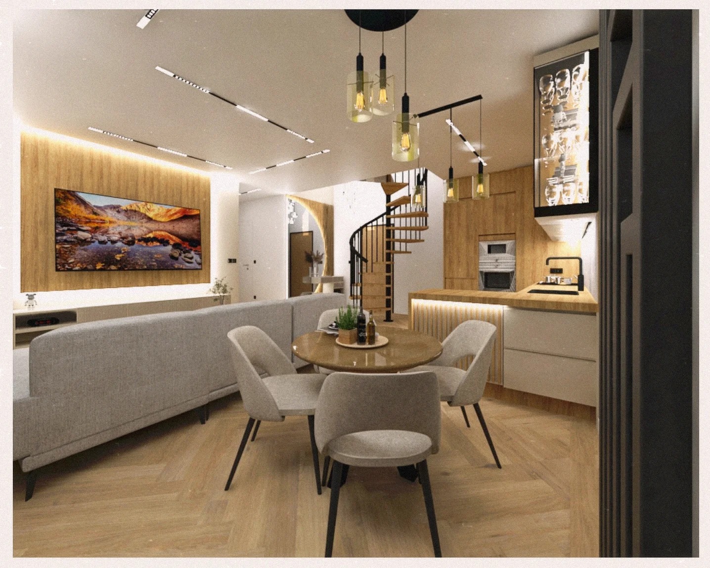 Nowoczesne wnętrze z drewnianymi akcentami: spiralne schody, stół jadalny z krzesłami, telewizor na ścianie i zabudowa kuchenna. Całość w ciepłej tonacji.