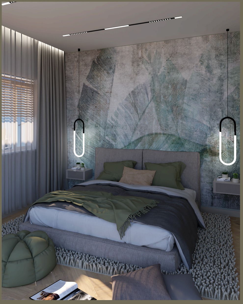 Przytulna sypialnia z łóżkiem, zielonymi akcentami i abstrakcyjną tapetą. Lampy wiszące po bokach łóżka. Na podłodze puszysty dywan i poduszki.