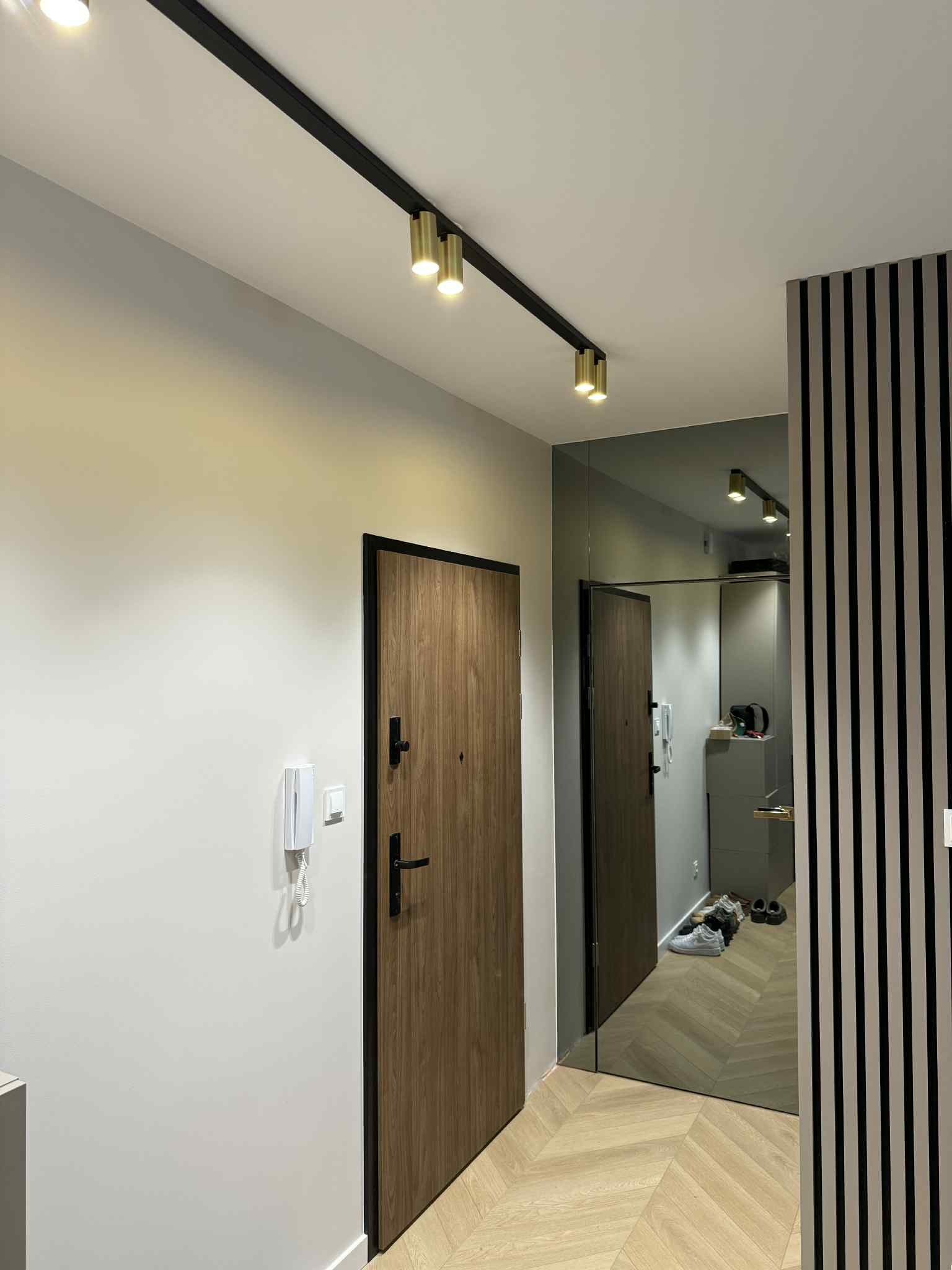 Nowoczesny przedpokój z lustrem, drewnianą podłogą w jodełkę i oświetleniem szynowym z złotymi reflektorami. Minimalistyczny design.