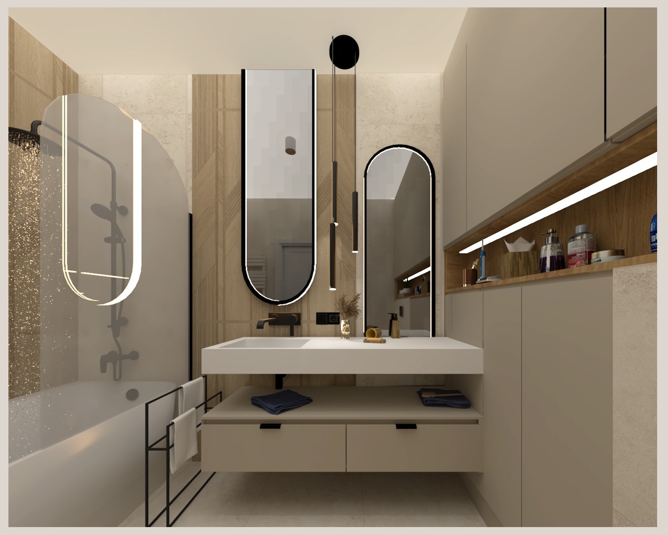 Nowoczesna łazienka z owalnymi lustrami podświetlonymi LED, minimalistyczną armaturą i beżowymi szafkami, tworząca spójną i elegancką przestrzeń kąpielową.