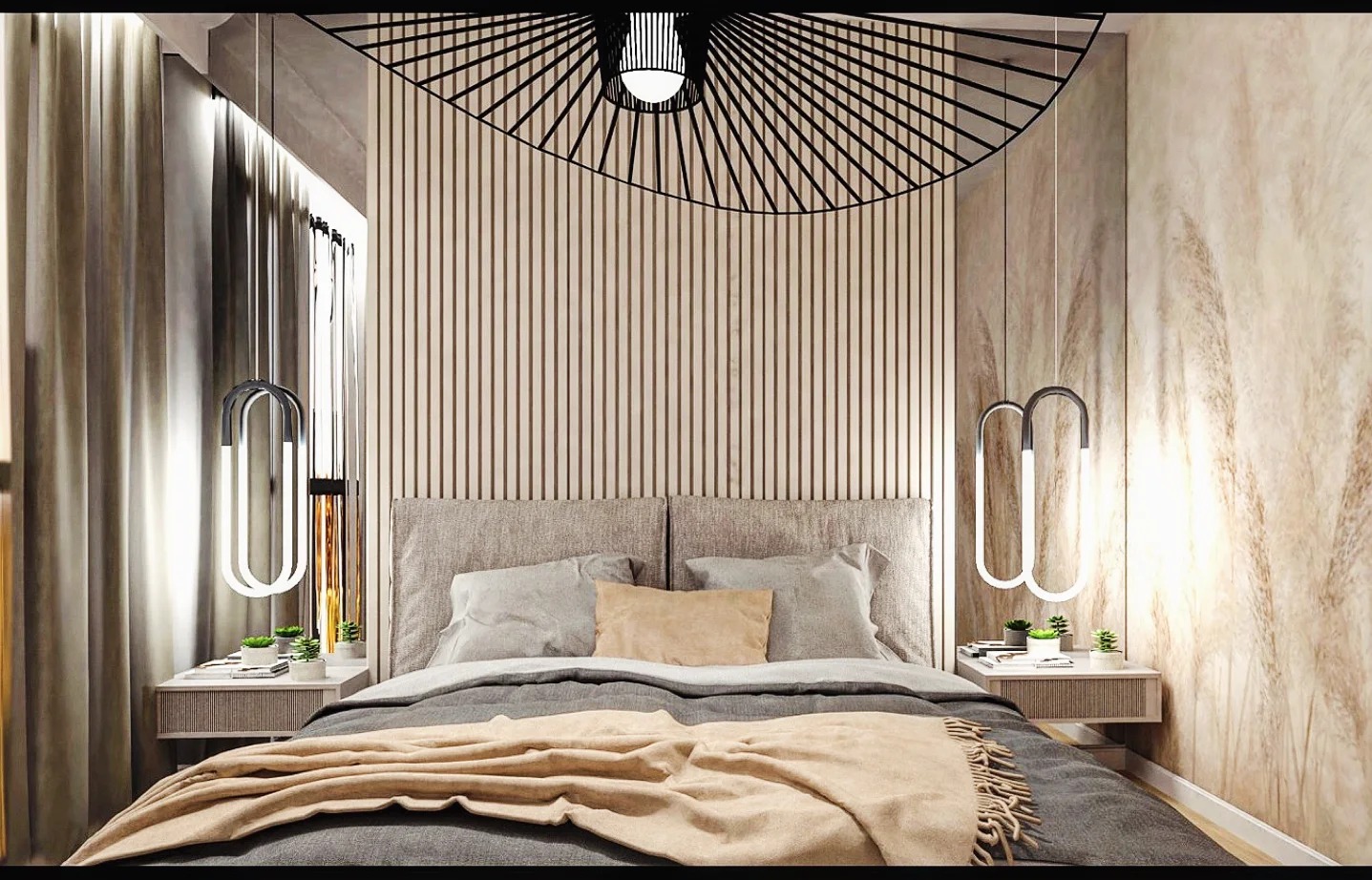Nowoczesna sypialnia z łóżkiem, lampami wiszącymi i dekoracyjną ścianą z pionowych paneli. Uwagę przykuwa designerski żyrandol i subtelne oświetlenie.