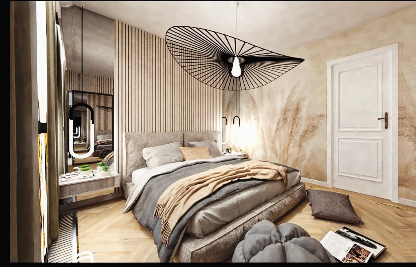 Nowoczesna sypialnia z łóżkiem na podwyższeniu, lampą w kształcie kapelusza i ścianą z motywem trawy pampasowej. Lustro powiększa przestrzeń. Parkiet w jodełkę.