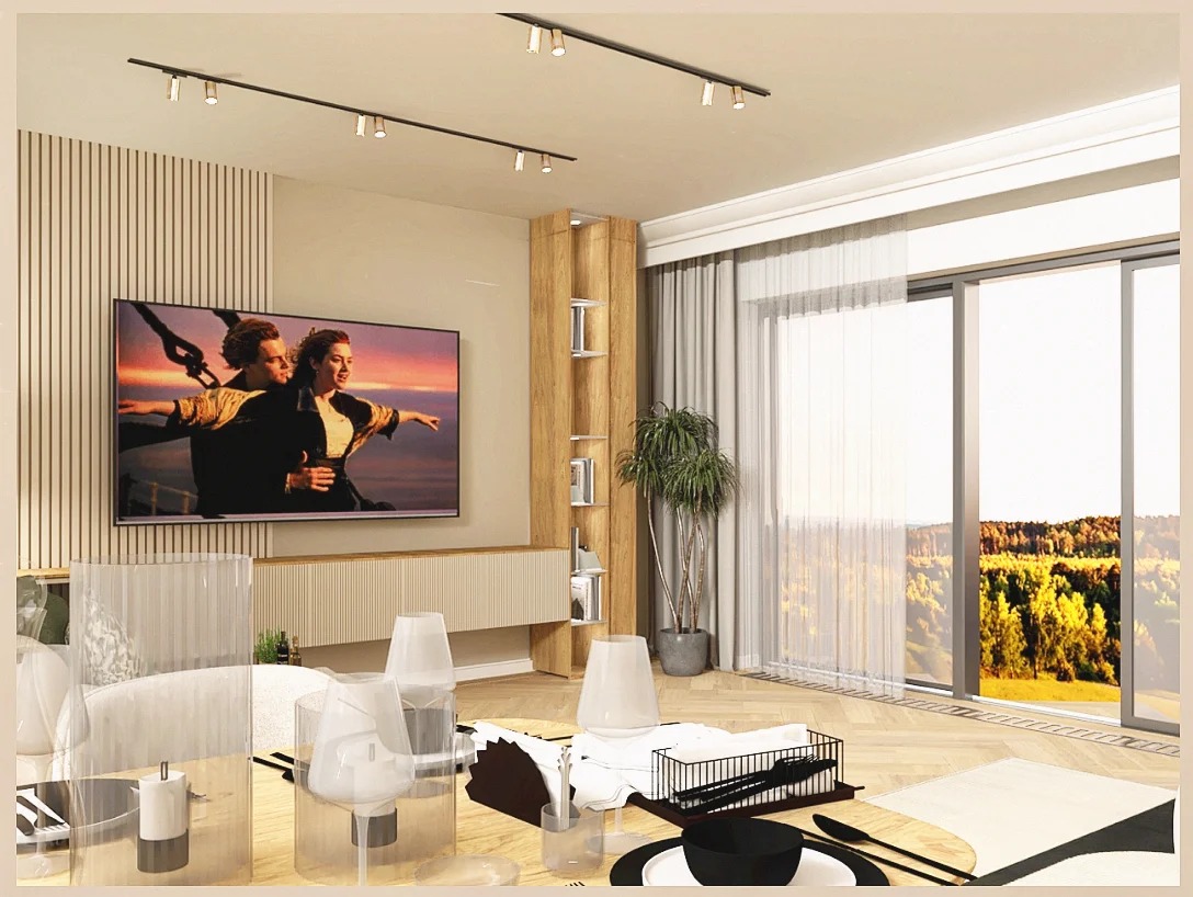 Jasne wnętrze salonu z telewizorem wyświetlającym film, minimalistycznym oświetleniem szynowym i dużym oknem z widokiem na las. Nowoczesny design.
