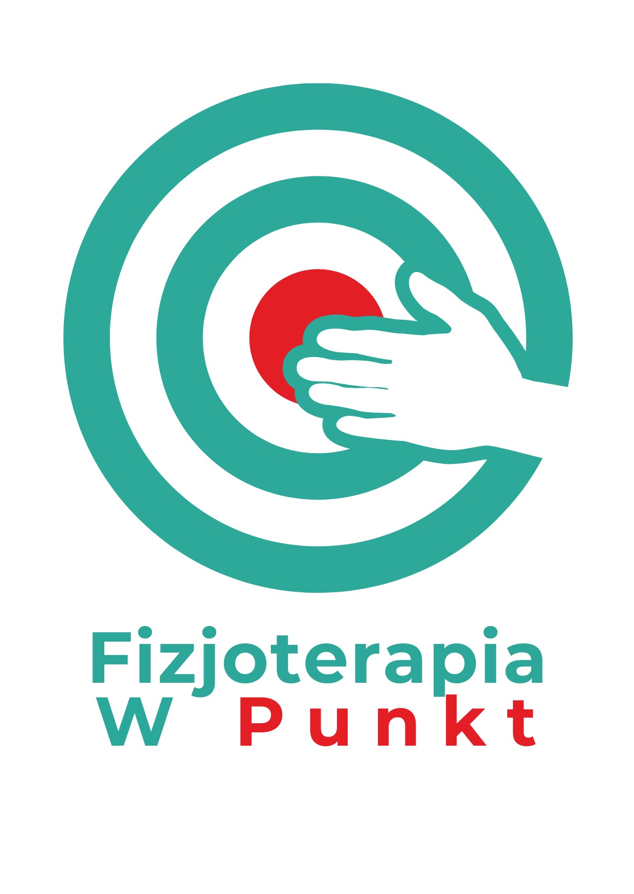 Logo firmy z zielonym okręgiem i czerwoną kropką, na której znajduje się biała dłoń. Pod spodem napis 'Fizjoterapia W Punkt' w kolorach zielonym i czerwonym.
