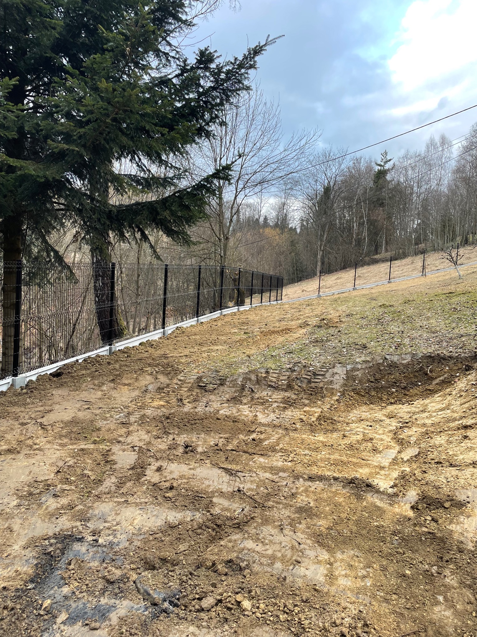Nowo postawione, czarne ogrodzenie panelowe z betonową podmurówką na nierównym terenie. Ślady opon na ziemi. W tle drzewa i pochmurne niebo.