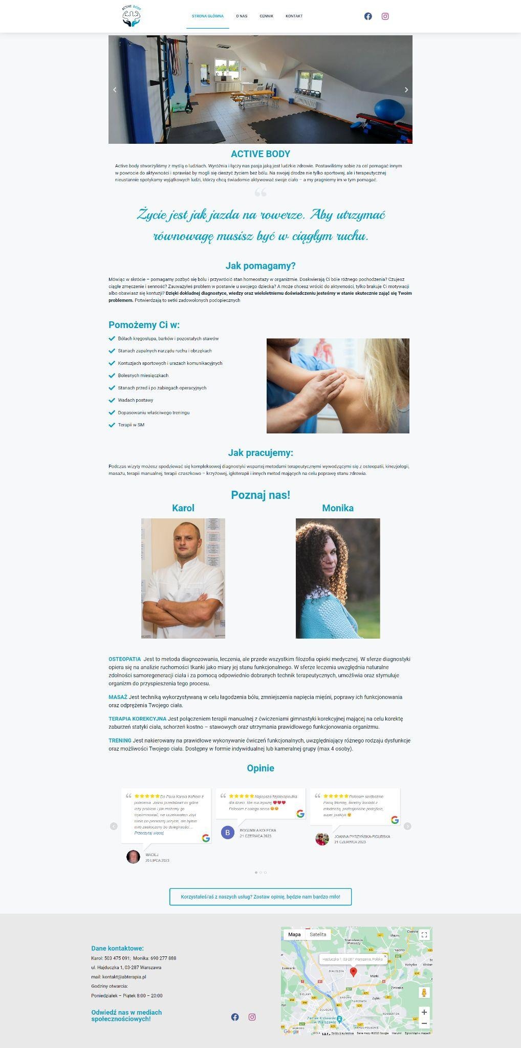 Strona internetowa firmy Active Body, oferującej osteopatię, masaż i terapię korekcyjną, z informacjami o metodach leczenia, zespole specjalistów i opiniami klientów.