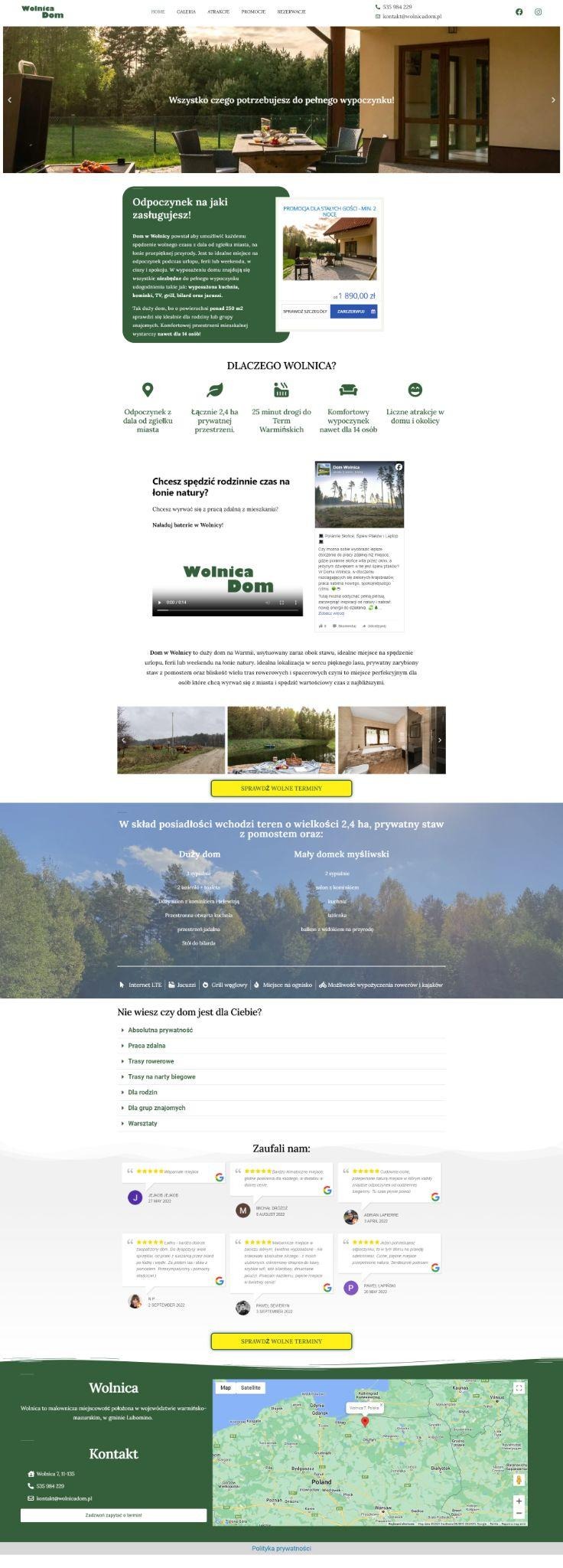 Strona internetowa WolnicaDom.pl prezentująca ofertę wynajmu domu wakacyjnego z ogłoszeniem 'Wszystko czego potrzebujesz do pełnego wypoczynku!' oraz zdjęciami i opisami udogodnień.
