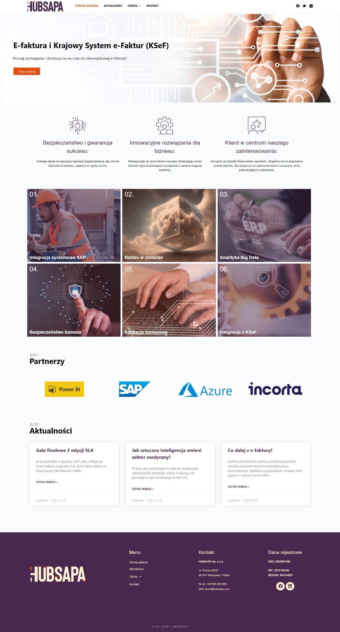 Strona internetowa firmy Hubsapa.pl prezentująca usługi integracji systemów, biznesu w chmurze, analityki big data, bezpieczeństwa biznesu, aplikacji biznesowych i integracji z KSeF.
