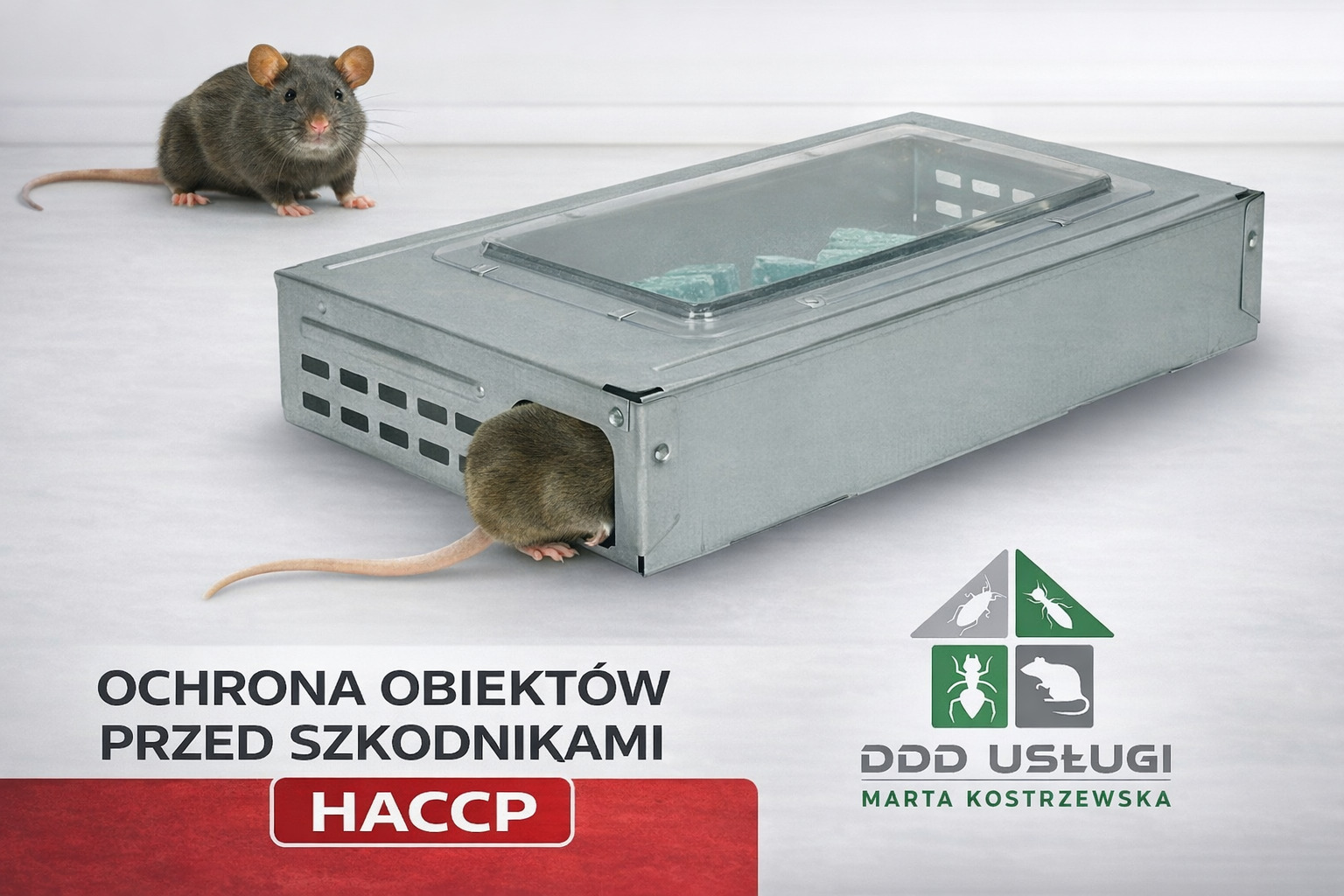 Szczur wchodzący do metalowej pułapki z przezroczystym wiekiem, obok drugi szczur. W tle logo firmy i napis Ochrona obiektów przed szkodnikami HACCP.