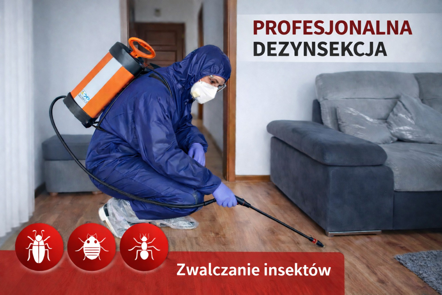 Osoba w kombinezonie ochronnym, z maską i opryskiwaczem, aplikuje środek na podłogę w salonie. Grafika z insektami i napis 'Zwalczanie insektów'.