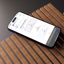 SOCIALBUZZSTUDIO Sp. z o.o. - Aplikacja PrintMaster na smartfonie, prezentująca opcje wyboru produktu do druku: ulotki, wizytówki, plakaty. Telefon leży na drewnianym tle z listewek.