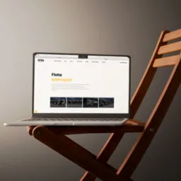 Laptop na krześle prezentuje stronę internetową firmy MS Projekt z flotą pojazdów. Minimalistyczny design, stonowana kolorystyka, profesjonalna prezentacja.