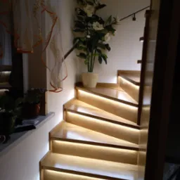 Drewniane schody z podświetleniem LED na każdym stopniu, obok biała ściana z rośliną w doniczce i firanka z pomarańczowymi akcentami.