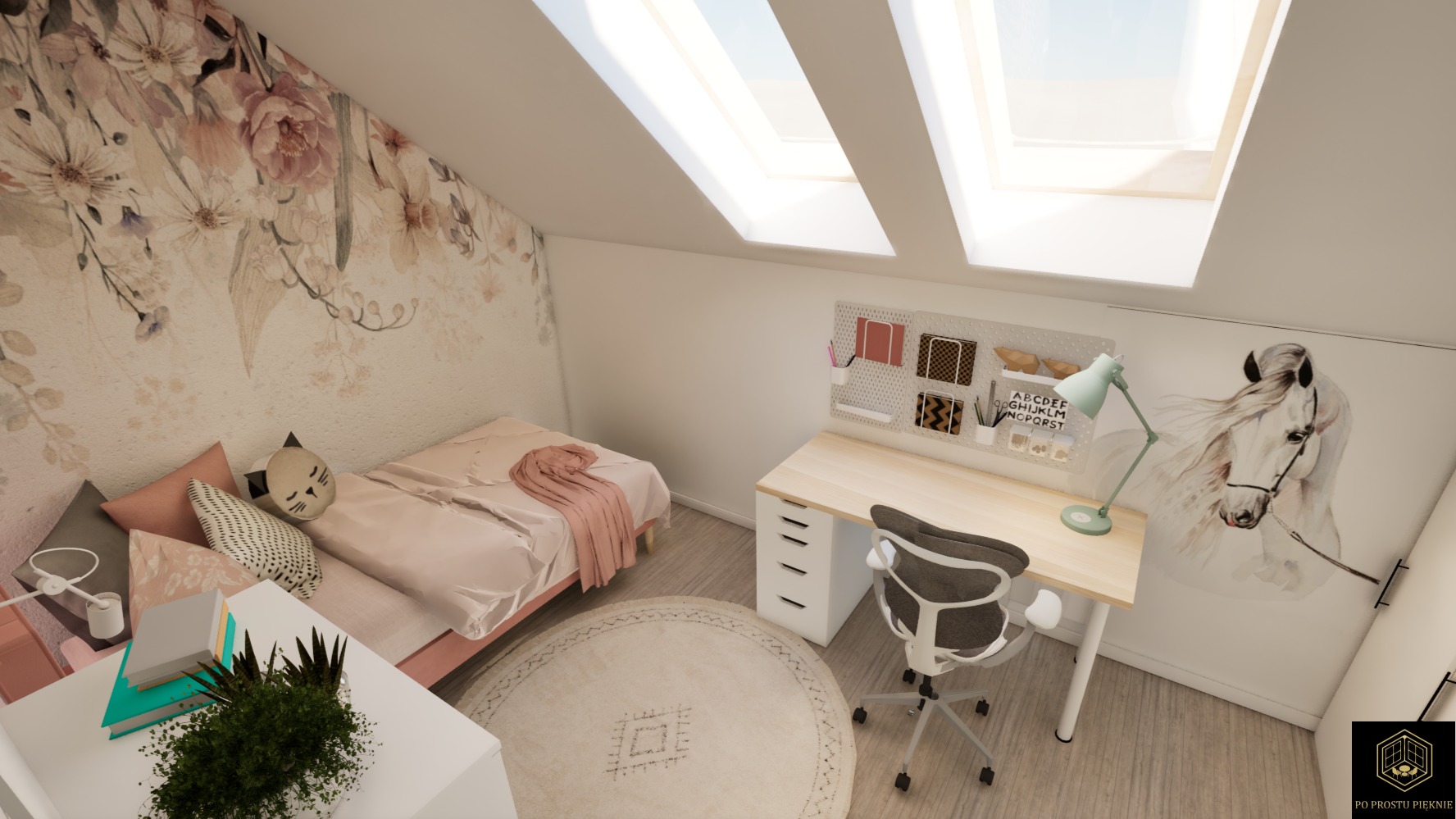 aranżacja wnętrza pokoju dla dziewczynki ze skosami