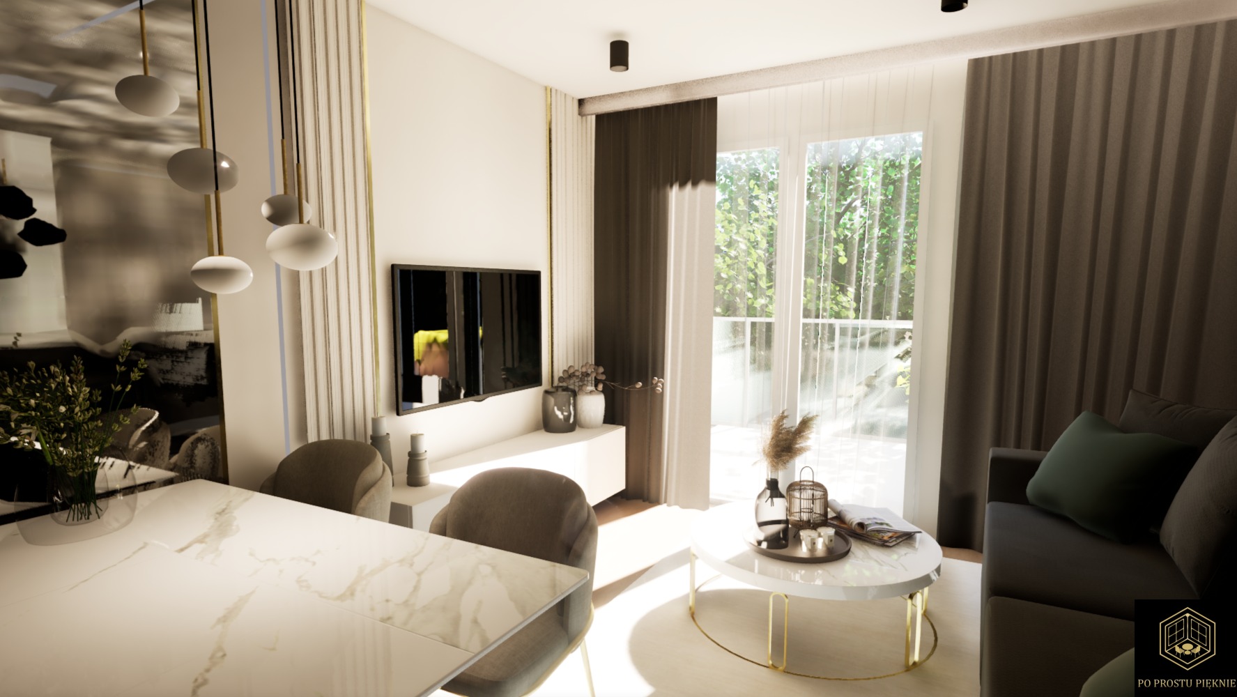 salon w stylu modern clasic ze sztukaterią