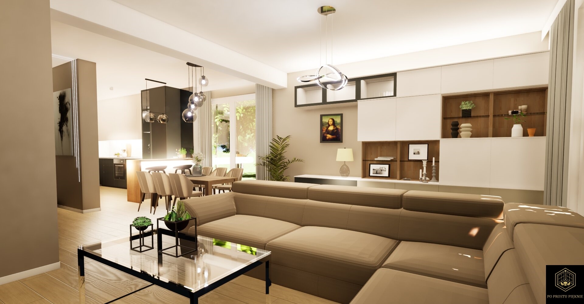 Wizualizacja przestronnego salonu z beżową sofą narożną, szklanym stolikiem kawowym z czarną ramą, jadalnią w tle i nowoczesną zabudową meblową z otwartymi półkami eksponującymi dekoracje.