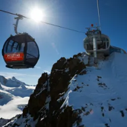 Kolejka gondolowa Pitztal na tle ośnieżonych gór i błękitnego nieba z jasnym słońcem, widok z dołu na wagonik i stację górską.