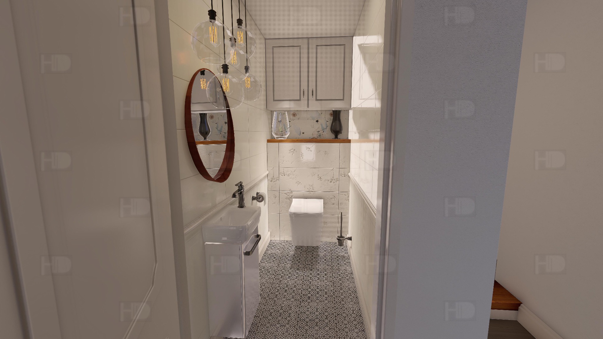 Wąska łazienka w stylu klasycznym z toaletą, umywalką na postumencie, owalnym lustrem w drewnianej ramie i wzorzystą podłogą. Nad toaletą szafki i półka z dekoracjami.