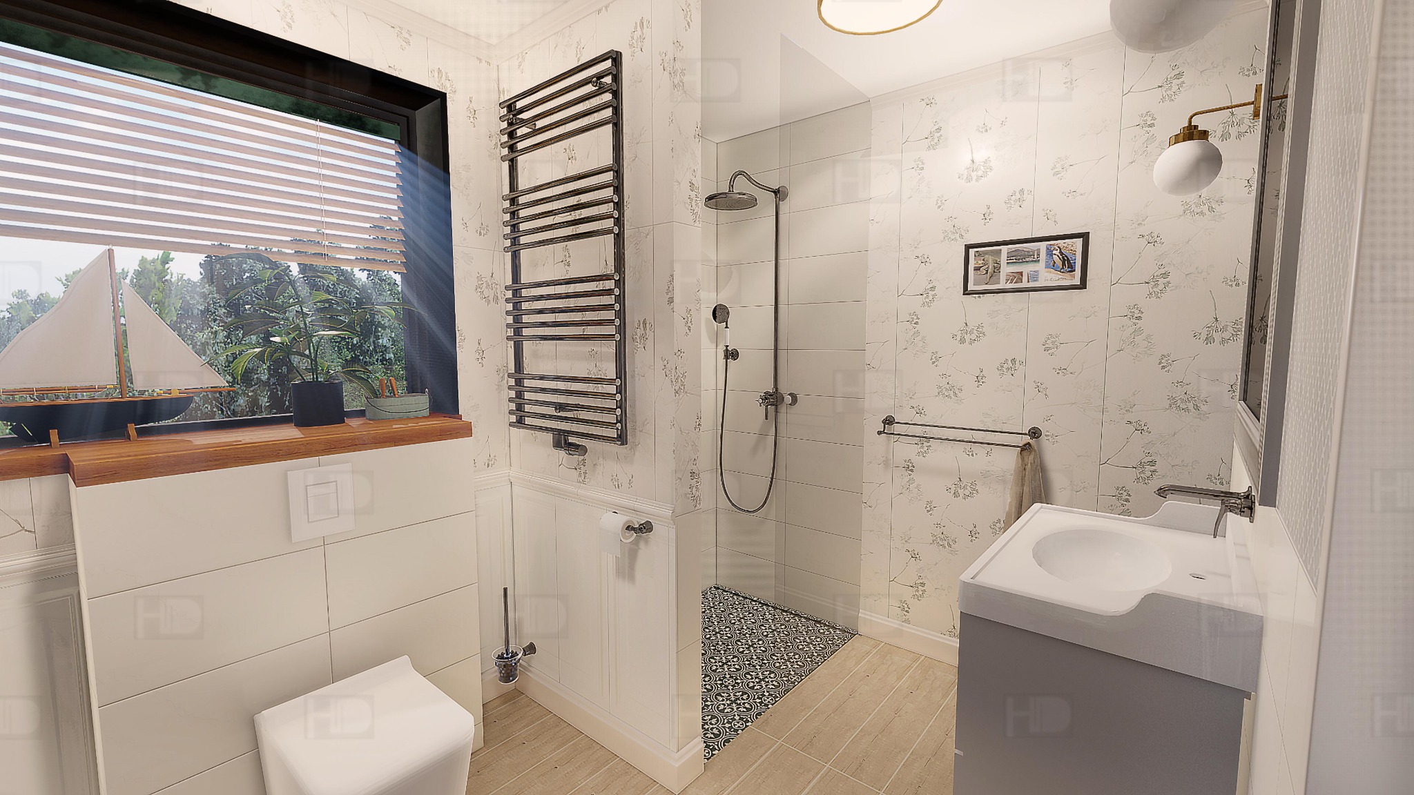 Wizualizacja łazienki z kabiną prysznicową typu walk-in, umywalką na szafce, grzejnikiem drabinkowym i oknem z widokiem na zieleń, dekorowana tapetą w delikatny wzór roślinny.