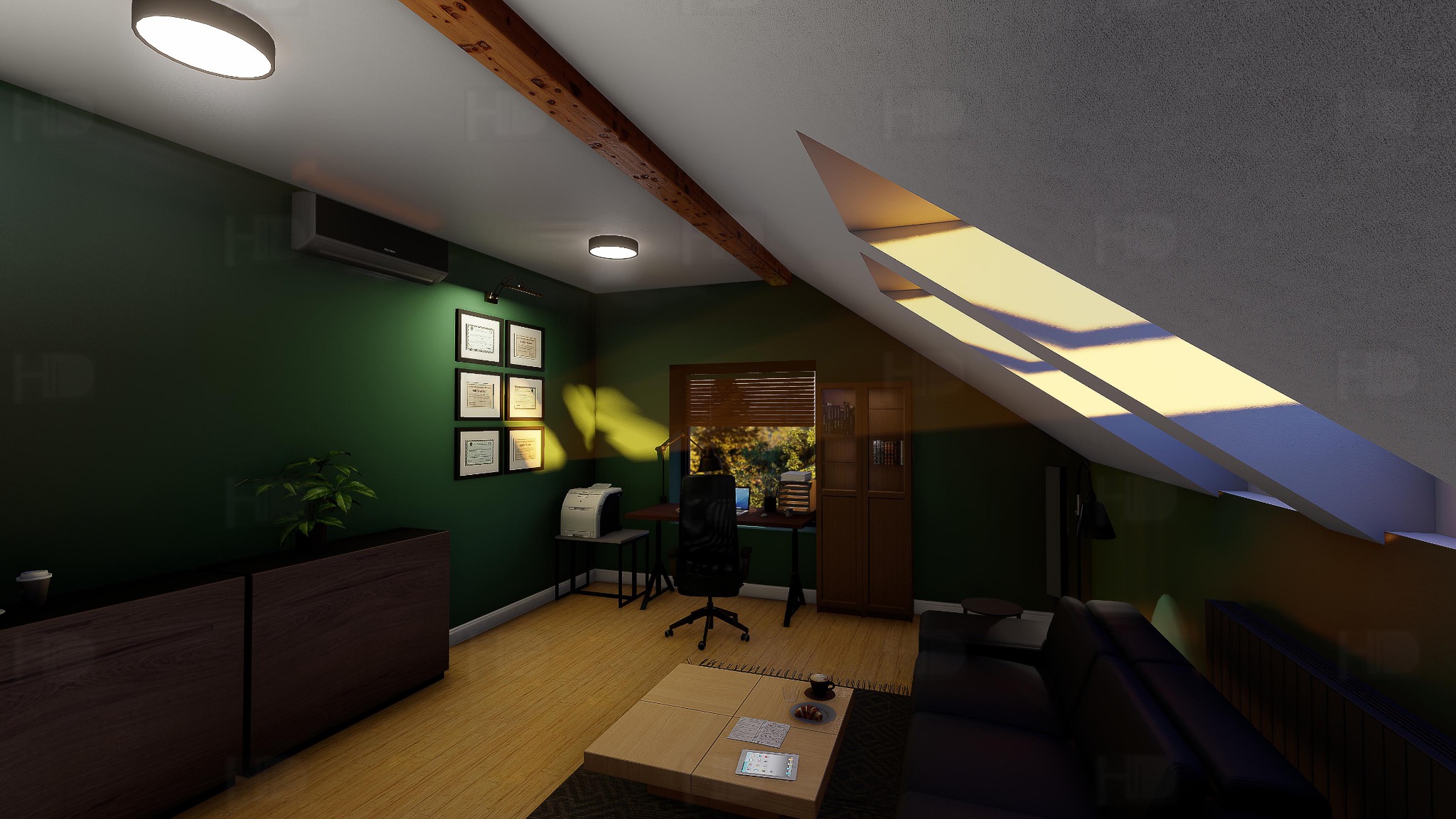 Wizualizacja pokoju biurowego na poddaszu z zielonymi ścianami, drewnianą belką stropową i oknem z widokiem na zieleń, biurko z komputerem i drukarką, oraz stolik kawowy z tabletem i filiżanką.