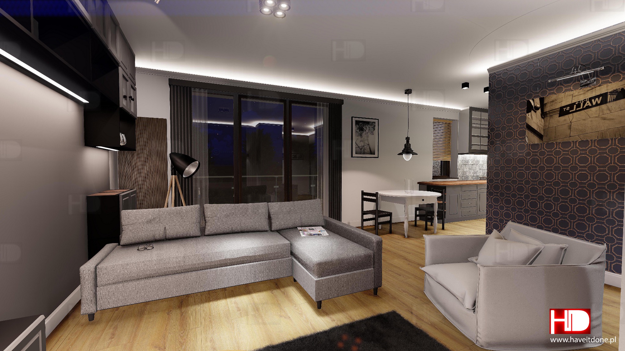 Wizualizacja salonu z aneksem kuchennym w szarościach: narożnik, fotel, okrągły stół z krzesłami, czarny dywan, ściana z wzorem, lampa stojąca i wisząca.