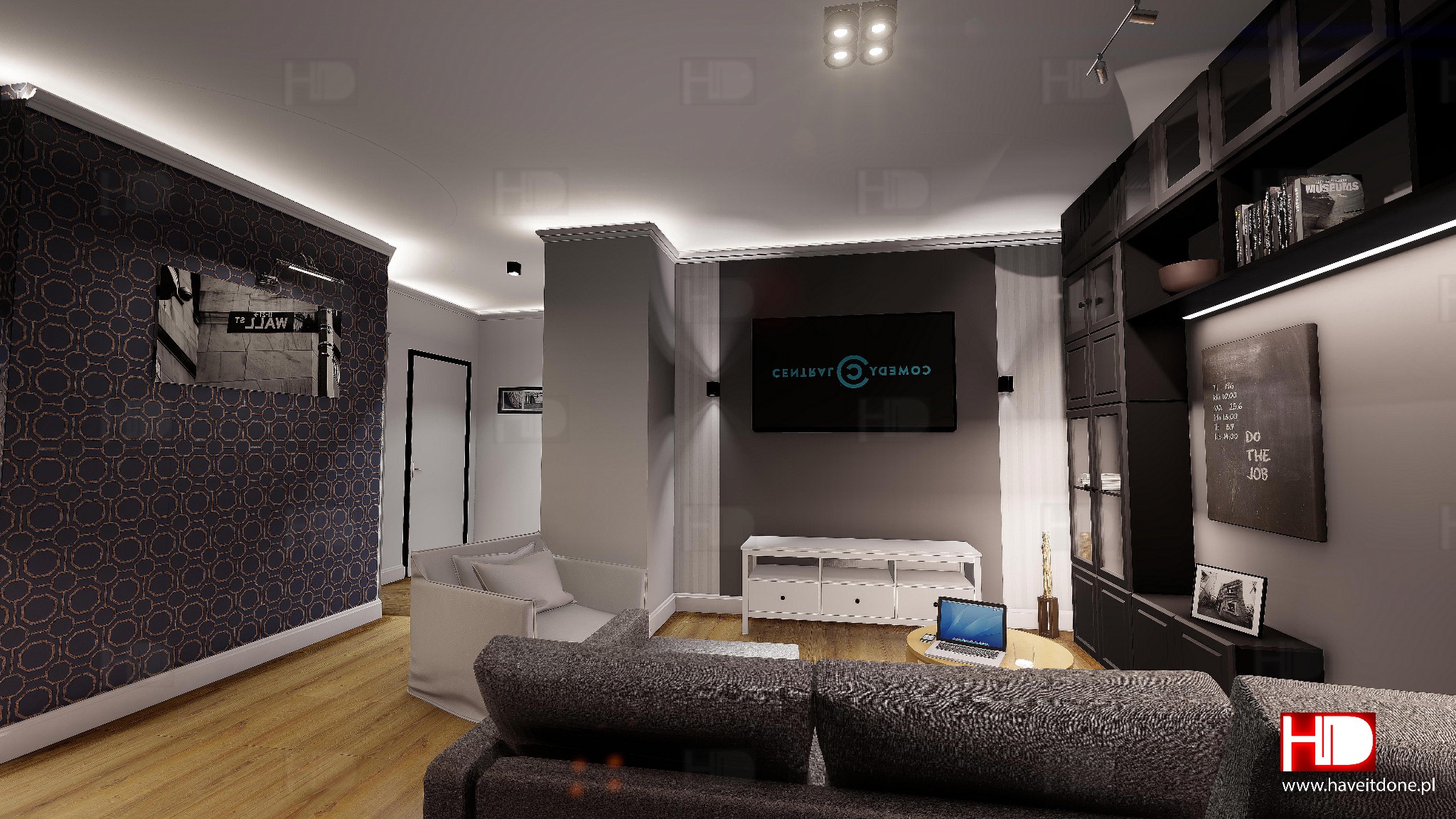 Wizualizacja salonu z ciemną tapetą w geometryczne wzory, szarą sofą, telewizorem z logo Coweda Central na ścianie, laptopem na okrągłym stoliku kawowym i regałem z książkami podświetlonym LED.