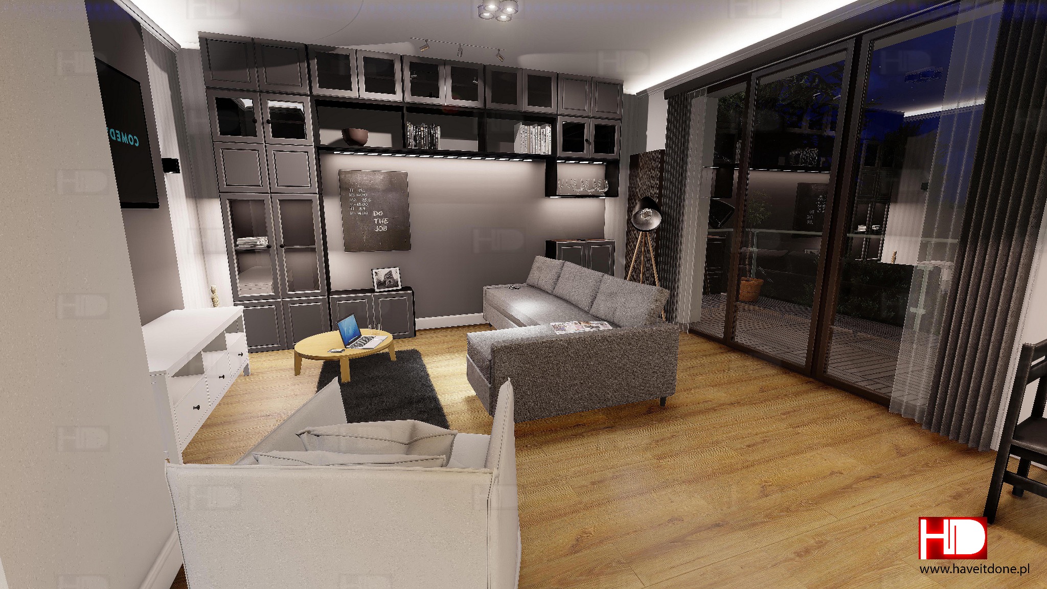 Wizualizacja salonu w nowoczesnym stylu: szara sofa narożna, drewniana podłoga, ściana z zabudową meblową, okno balkonowe, okrągły stolik z laptopem.