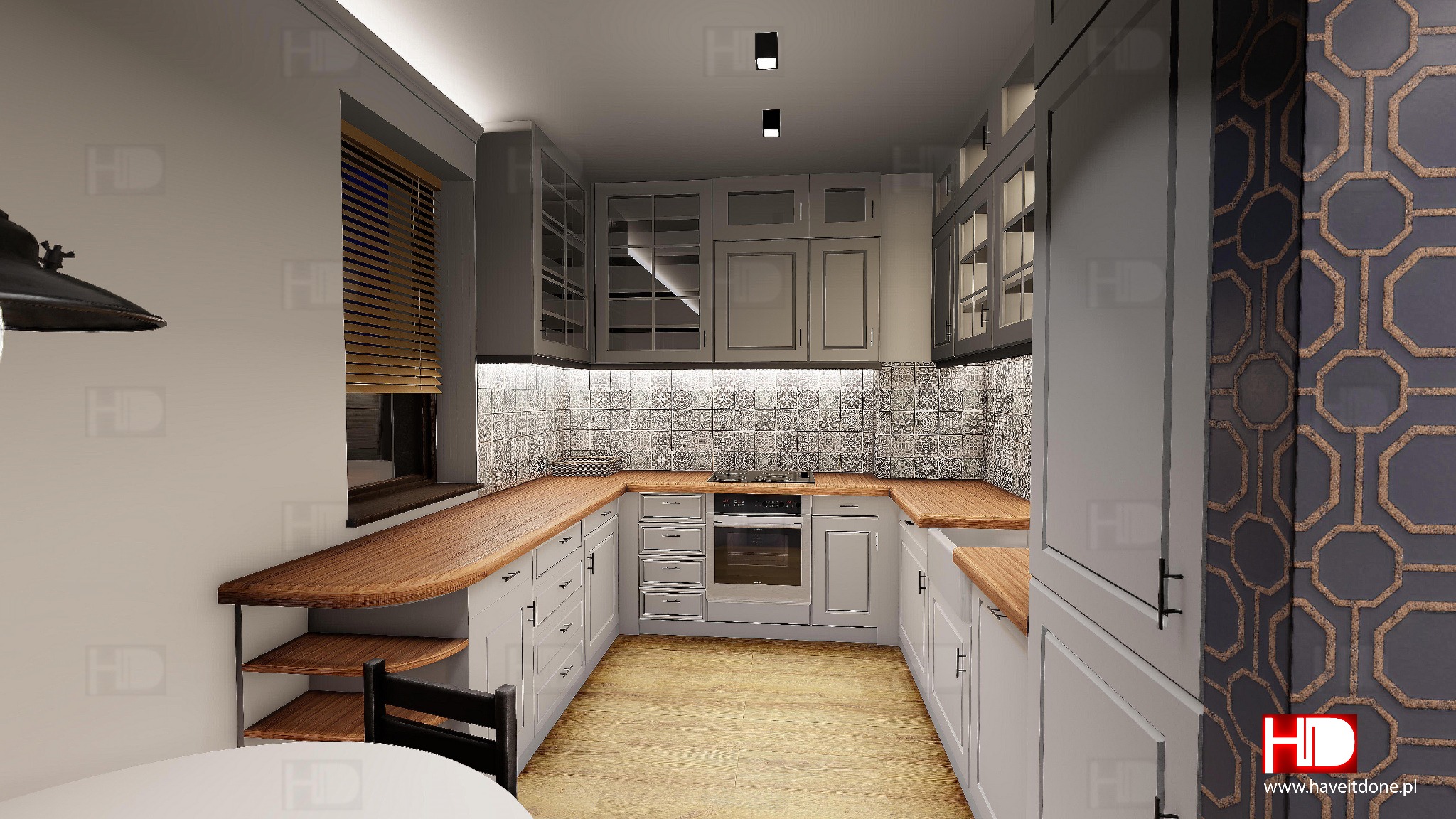 Wizualizacja kuchni w stylu skandynawskim z drewnianymi blatami, wzorzystą mozaiką nad blatem i szarą zabudową, oświetlona punktowymi lampami sufitowymi i lampą wiszącą nad stołem.