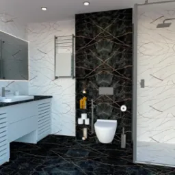 Nowoczesna łazienka z czarno-białymi marmurkowymi płytkami, przeszkloną kabiną prysznicową, białą umywalką z szafką i toaletą podwieszaną.