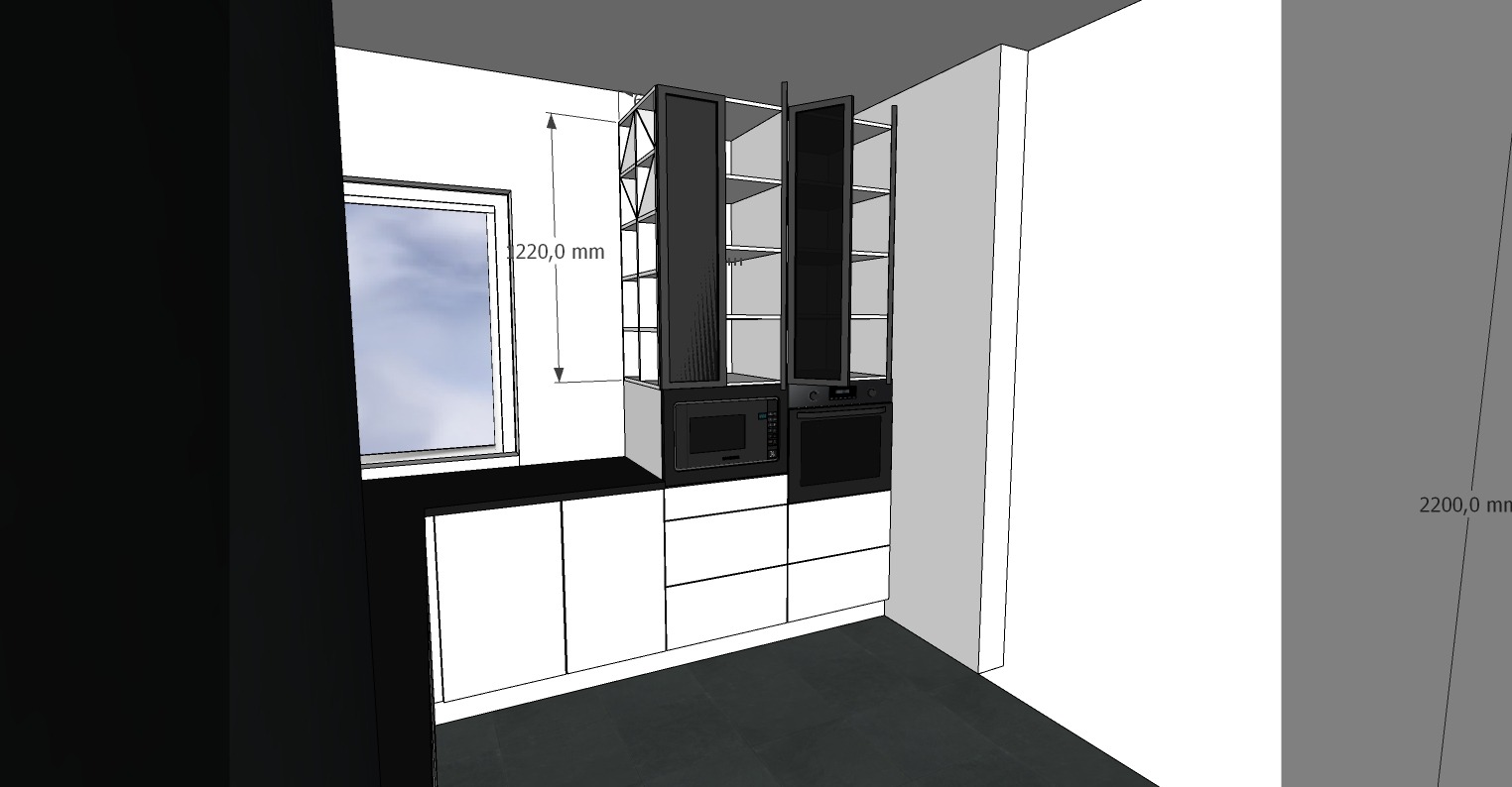 Wizualizacja 3D kuchni z białymi szafkami dolnymi i czarnymi wiszącymi, z wbudowanym piekarnikiem i mikrofalówką, oraz otwartymi szafkami bocznymi, widok z perspektywy.