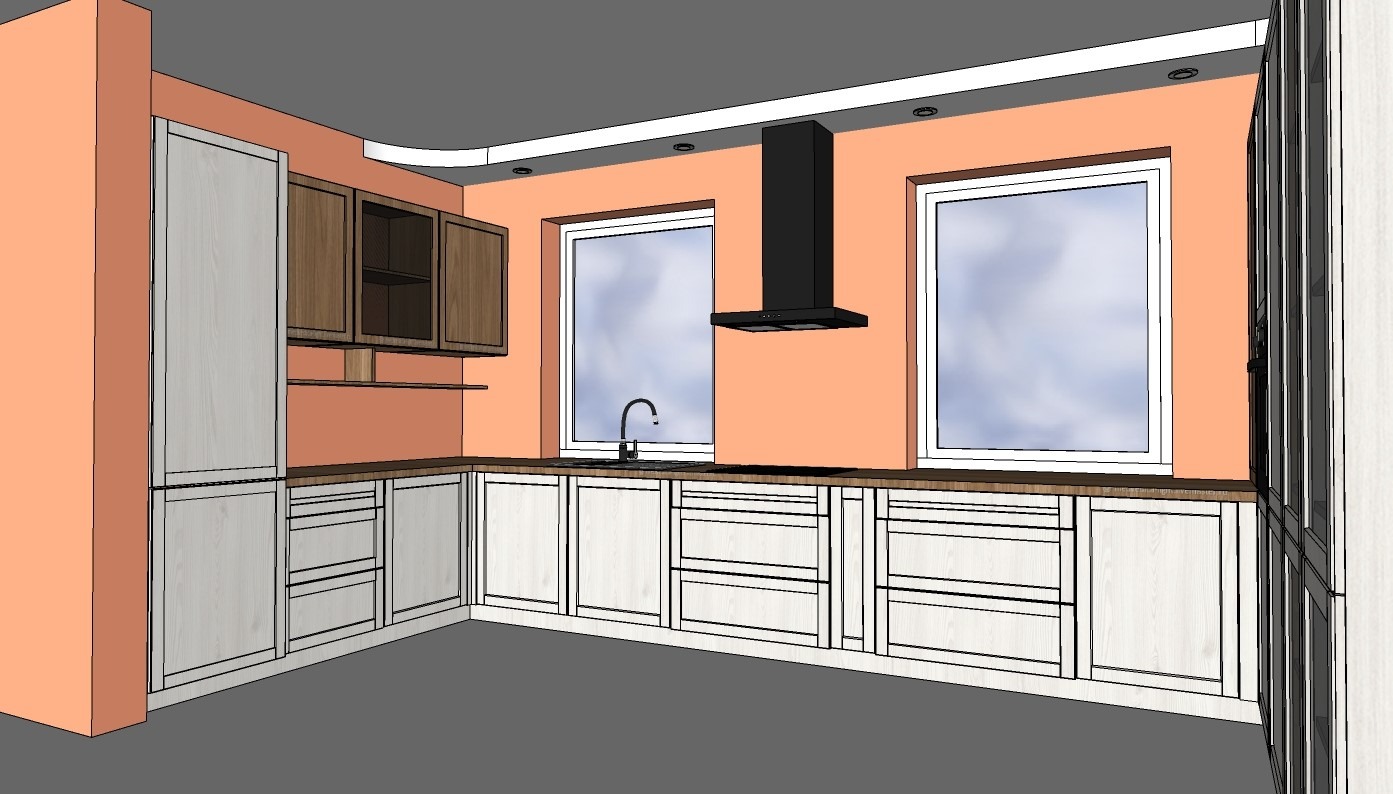 Wizualizacja 3D kuchni z białymi szafkami dolnymi i brązowymi górnymi, czarnym okapem, dwoma oknami i pomarańczowymi ścianami.