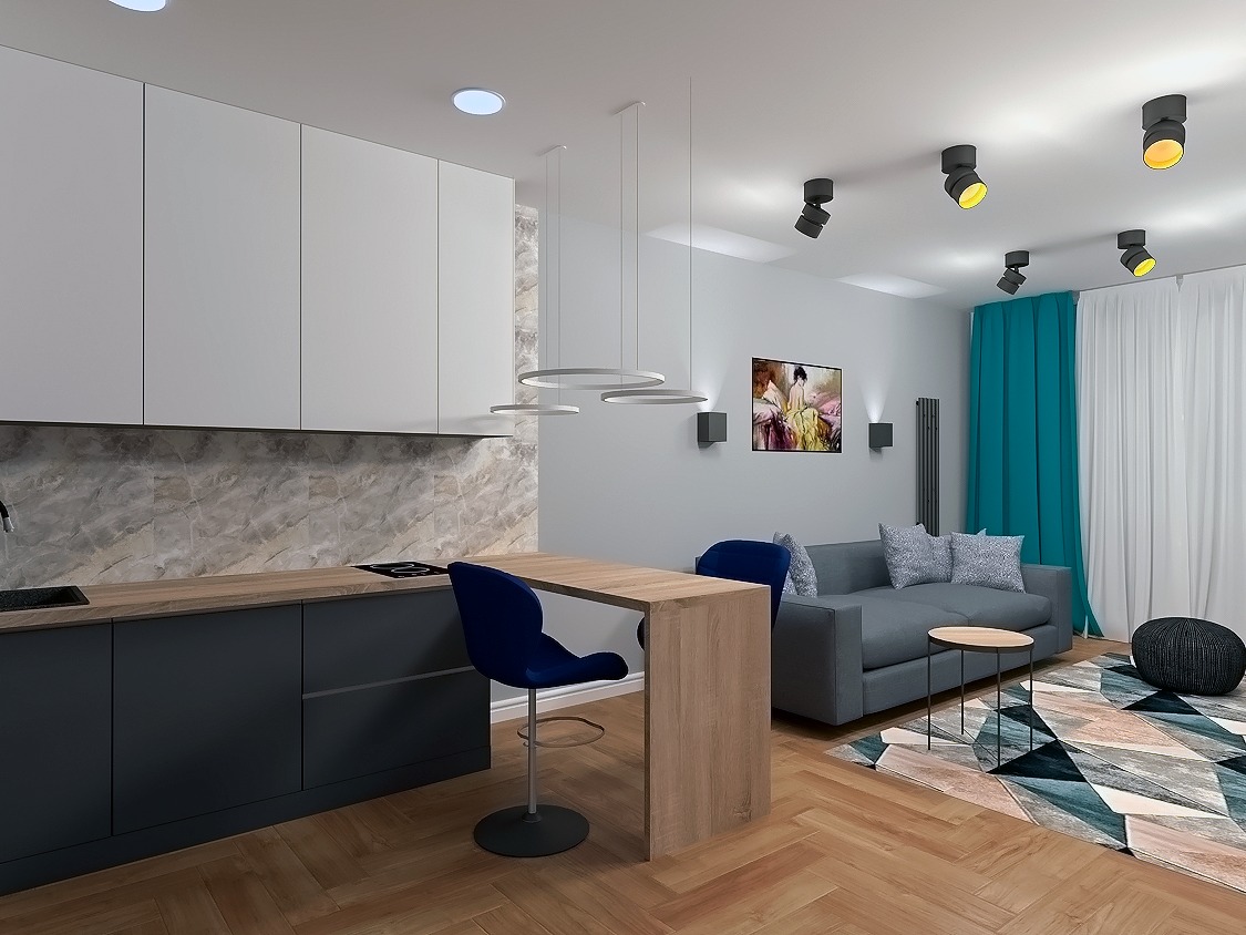 Nowoczesna aranżacja wnętrza: białe szafki kuchenne z marmurowym backsplash, ciemnoszare dolne szafki, drewniany blat i wysoki stół barowy z dwoma granatowymi krzesłami, szary narożnik i wzorzysty...