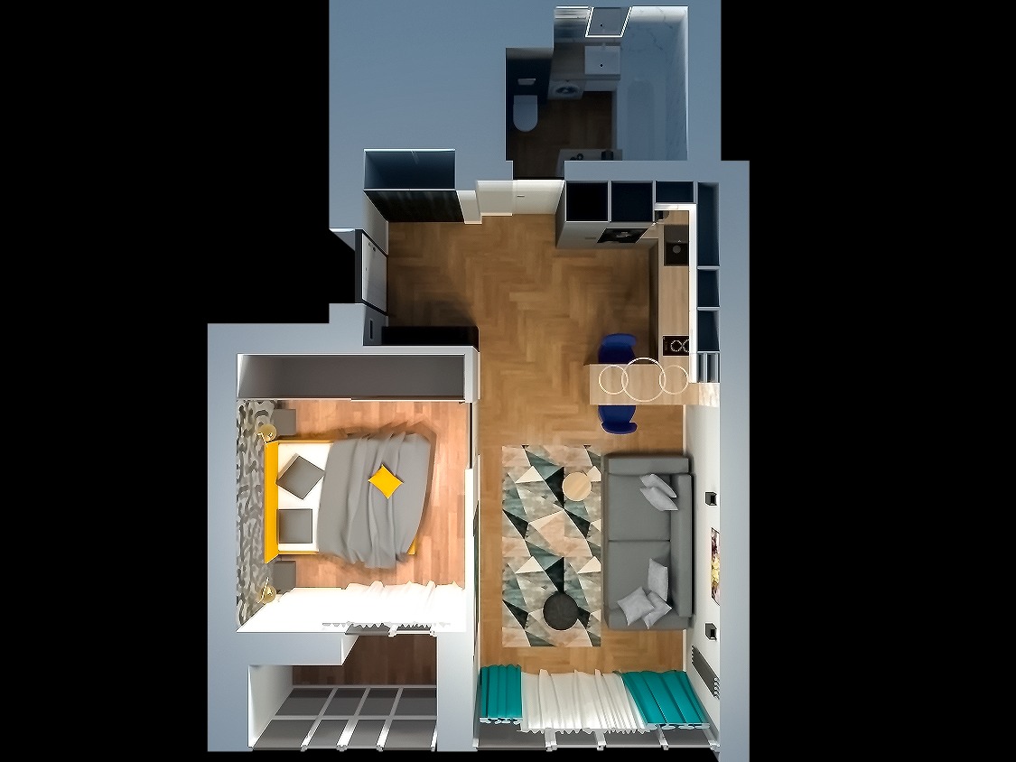 Rzut z góry na aranżację wnętrza małego mieszkania z wydzieloną sypialnią, aneksem kuchennym, łazienką i salonem z balkonem.