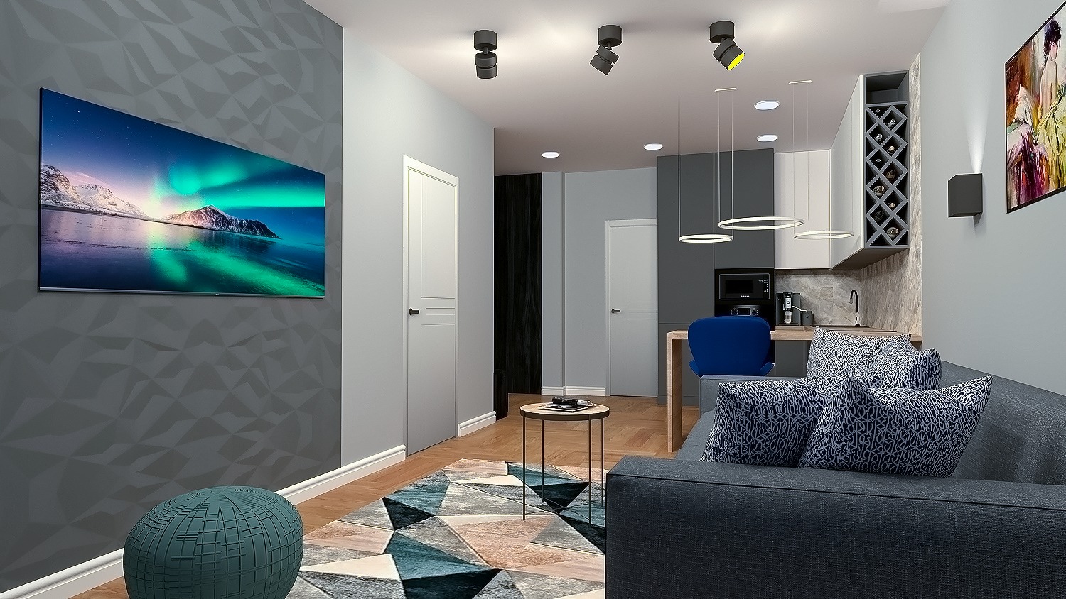 Wizualizacja salonu z aneksem kuchennym w szarościach, z sofą w odcieniach granatu i geometrycznym dywanem. Na ścianie telewizor z wyświetlanym krajobrazem zorzy polarnej.