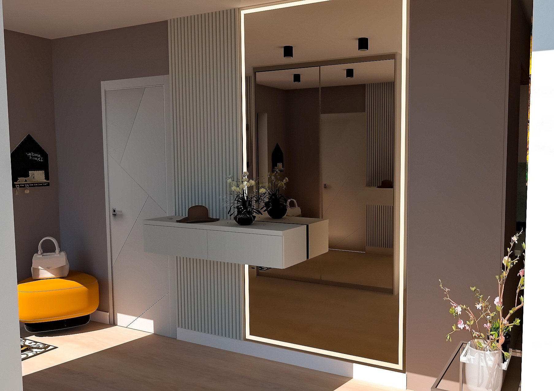 Nowoczesny przedpokój z lustrem w zabudowie z oświetleniem LED, białą konsolą, dekoracyjnym panelem ściennym i żółtym pufem.