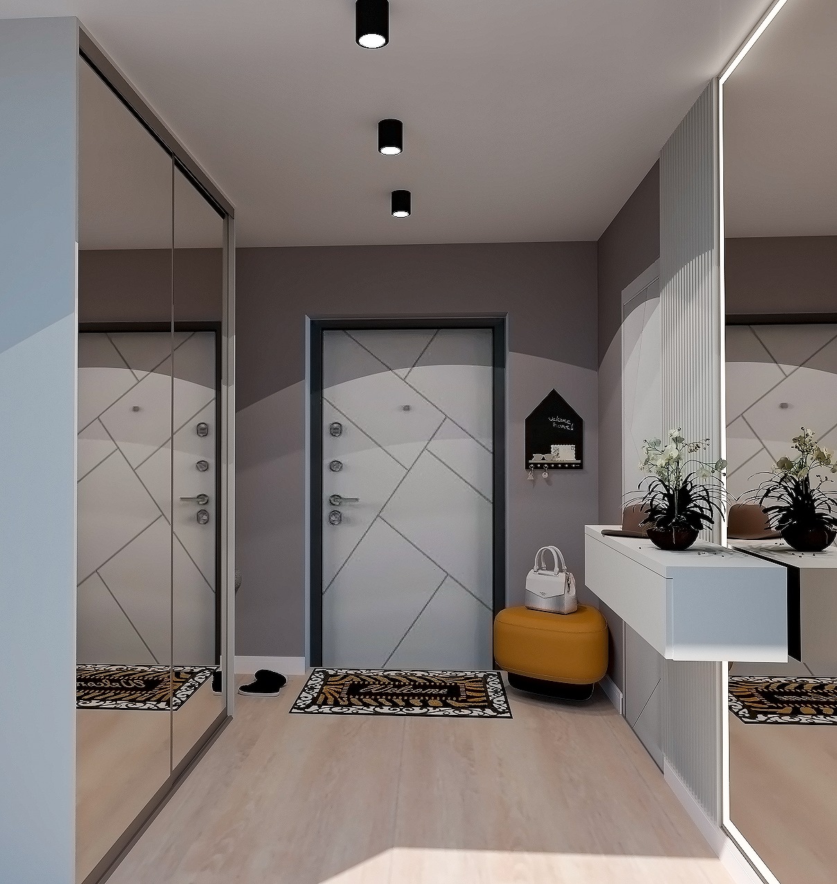 Wizualizacja przedpokoju z dużą szafą z lustrzanymi drzwiami przesuwnymi, białe drzwi wejściowe z geometrycznym wzorem, konsola z kwiatami w donicach i żółty puf.