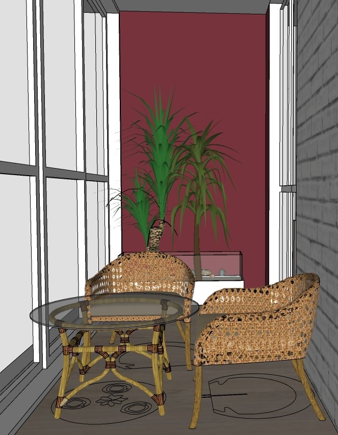 Wizualizacja balkonu z rattanowymi meblami, szklanym stolikiem i roślinami w tle, ściana z cegły.