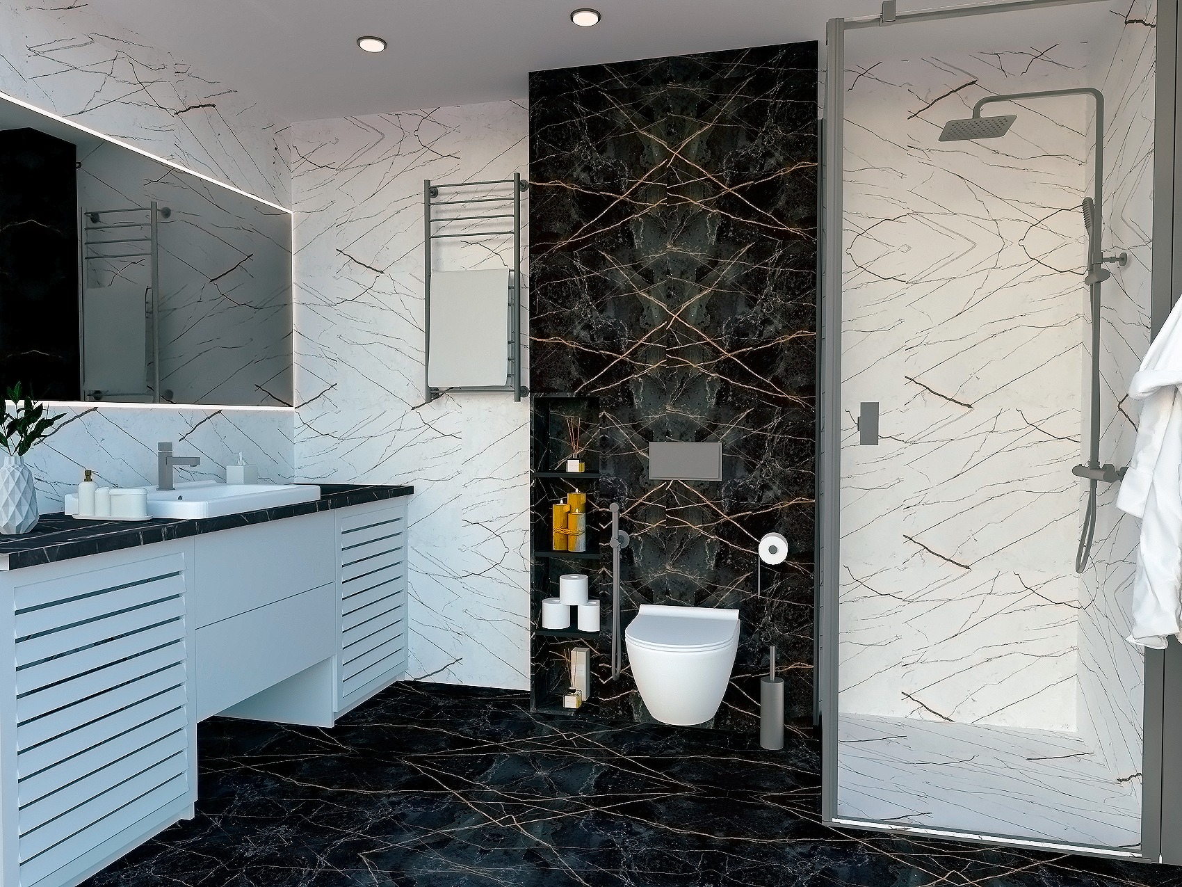 Nowoczesna łazienka z czarno-białymi marmurkowymi płytkami, przeszkloną kabiną prysznicową, białą umywalką z szafką i toaletą podwieszaną.