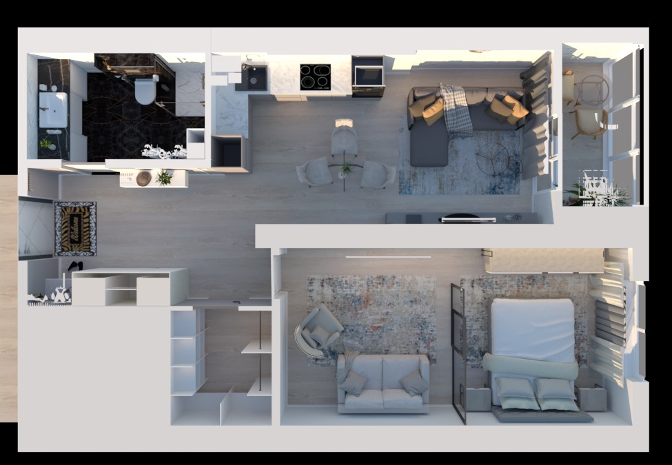 Widok z góry na plan mieszkania z otwartą przestrzenią dzienną, aneksem kuchennym, łazienką z czarnymi marmurowymi płytkami i sypialnią oddzieloną przeszklonymi drzwiami.