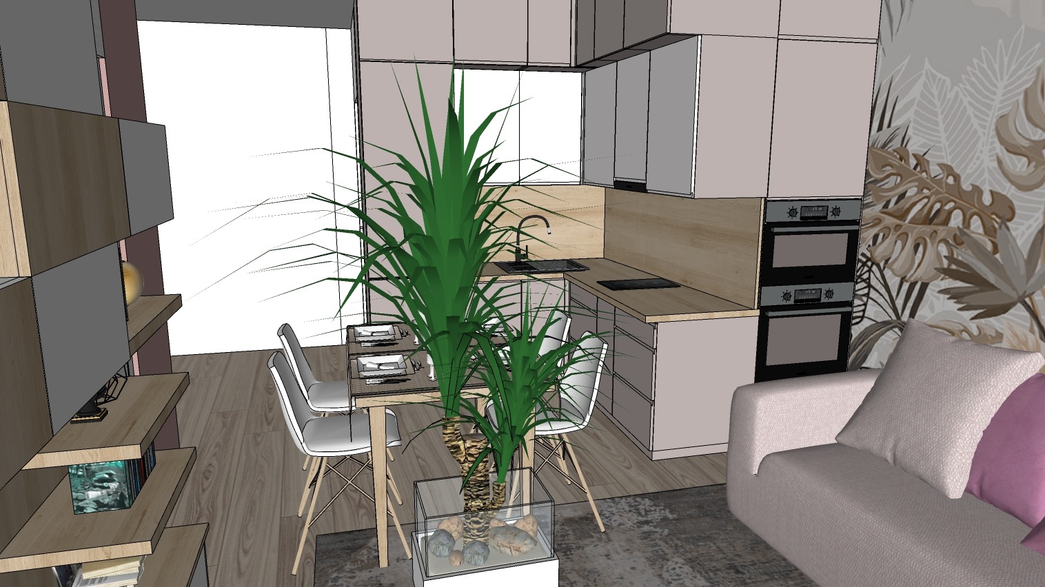 Wizualizacja wnętrza: kuchnia z zabudową meblową w odcieniach beżu, stół z krzesłami, sofa z poduszkami i duża roślina doniczkowa.