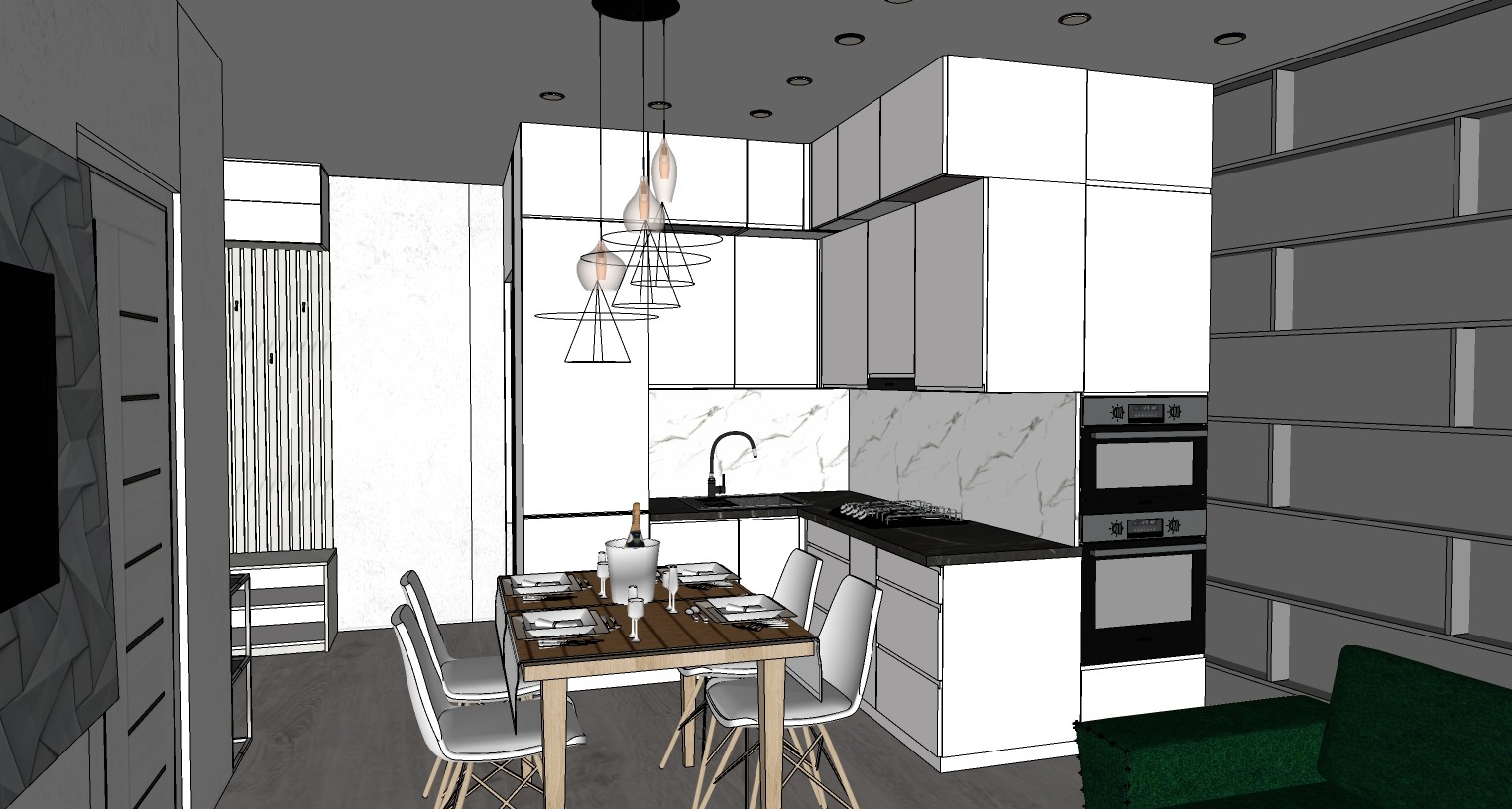 Wizualizacja wnętrza: nowoczesna kuchnia z białymi szafkami, marmurowym backsplashiem, i stołem jadalnym z nakryciem, wiszące lampy nad stołem, zabudowa kuchenna z piekarnikami.